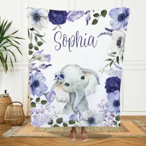 Blankets |   Custom Name Blanket With Cute Watercolor Elephant And Flowers Pattern Blankets Blankets