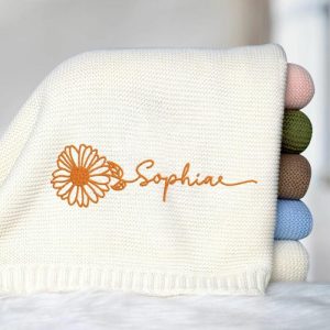 Blankets |   Personalized Baby Knitted Blanket With Embroidered Name And Birthflower Best Present For Newborn Blankets beige1