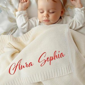 Blankets |   Personalized Baby Knitted Blanket With Embroidered Name Perfect Gift For Newborn Blankets beige1