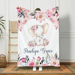 Blankets |   Personalized Floral Cute Elephant Baby Name Blanket Blankets Blankets