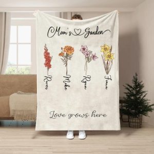 Blankets |   Personalized Name And Birth Flowers Blanket With Custom Backgroud Color Precious Gift For Best Mom Blankets apricot