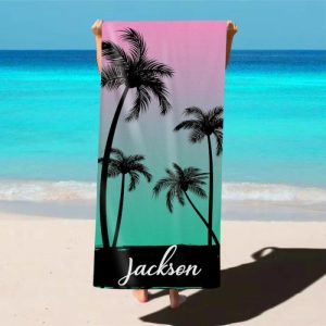 Blankets |   Personalized Name Bath Towel With Coconut Trees Retro Silhouette Pattern Interesting Gift For Friend Blankets Blankets