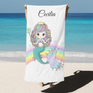 Blankets |   Personalized Name Bath Towel With Mermaid And Rainbow Pattern For Kids Blankets Blankets