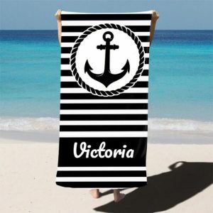 Blankets |   Personalized Name Beach Bath Towel With Black Anchor Pattern Funny Gift For Best Person Blankets Blankets