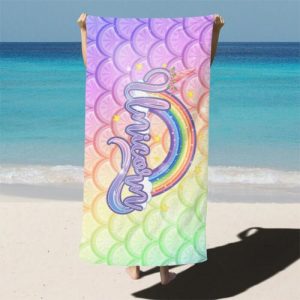 Blankets |   Personalized Name Beach Bath Towel With Rainbow And Colorful Scale Pattern Cute Gift For Her Blankets Blankets