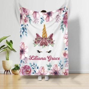 Blankets |   Personalized Name Blanket Floral And Unicorn Pattern Unique Gift Blankets Blankets