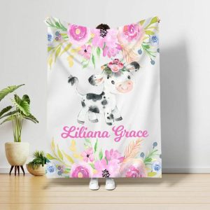 Blankets |   Personalized Name Blanket Pink Floral And Cow Pattern Vivid Gift Blankets Blankets