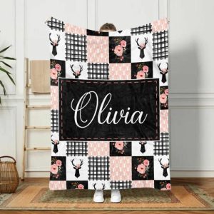 Blankets |   Personalized Pink Floral Deer Name Blanket For Baby Girl Blankets Blankets