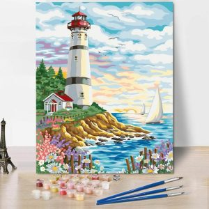 Frames |   Lighthouse By The Sea Paint By Numbers Kits Perfect Gift For Friends Frames 24 Colors