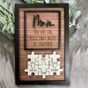 Frames |   "Mom Is The Piece Holds Us Together" Personalized Puzzles Pieces Name Sign Frames Dad