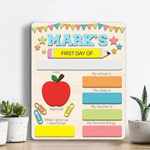 Frames |   Personalized First Day Of School Sign With Custom Name And Apple Pattern Beautiful Present For Kids Frames Frames