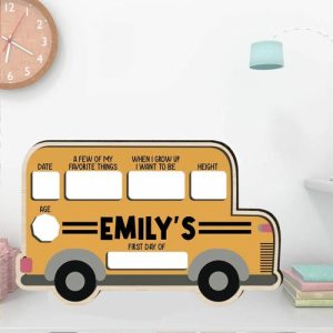 Frames |   Personalized First Day Of School Sign With Custom Name And Bus Pattern Funny Gift For Child Frames Frames