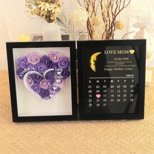 Frames |   Personalized Flower Shadow Box Custom Heart Names With Moon Phase Calendar Perfect Gift For Mother’s Day Frames Frames