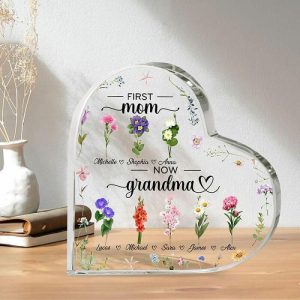 Frames |   Personalized Heart Shaped Acrylic Plaque First Mom Now Grandma Design Custom Birth Flowers Great Gift For Mother’s Day Frames Frames