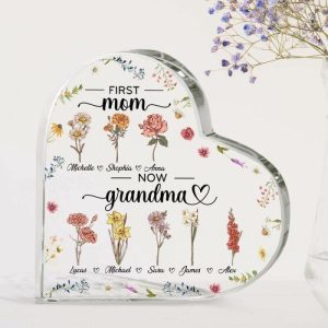 Frames |   Personalized Heart Shaped Acrylic Plaque First Mom Now Grandma With Custom Birth Flowers Perfect Gift For Mother’s Day Frames Frames