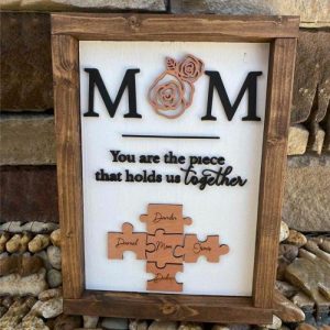 Frames |   "You Are The Piece That Holds Us Together" Personalised Puzzles Engraved Name Sign With Rose Frames Frames