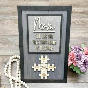 Frames |   "You Are The Piece That Holds Us Together" Personalized Puzzles Pieces Name Gray Frame Gift For Mom Frames Dad