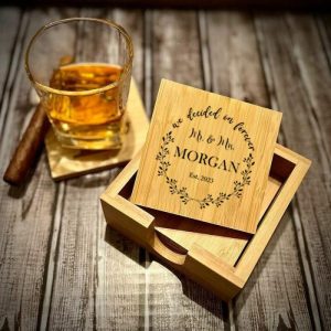 Kitchen |   Personalized Coaster Set With Four Custom Coasters And One Storage Box Beautiful Wood Design For Her Home & Living Kitchen