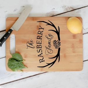 Kitchen |   Personalized Family Name Square Charcuterie Board With Antlers Pattern Unique Christmas Gift Home & Living Kitchen