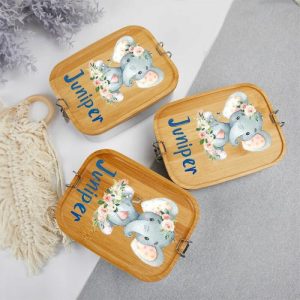 Kitchen |   Personalized Lunch Box Custom Name With Cute Elephant With Flowers Home & Living Kitchen