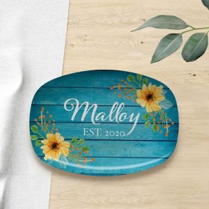 Kitchen |   Personalized Name And Date Plate With Yellow Flowers Pattern For Anniversary Home & Living Kitchen