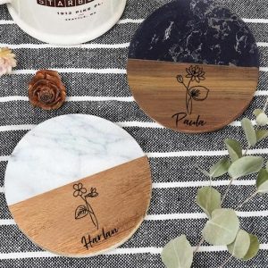 Kitchen |   Personalized Round Coaster With Custom Birth Flower Marble Splicing Design Great Gift For Her Home & Living Kitchen