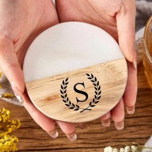 Kitchen |   Personalized Round Coaster With Custom Letter Elegant Marble Splicing Design Unique Present Home & Living Kitchen