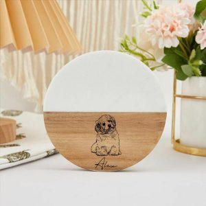 Kitchen |   Personalized Round Coaster With Custom Name Marble Splicing Design Cute Puppy For Pet Lover Home & Living Kitchen