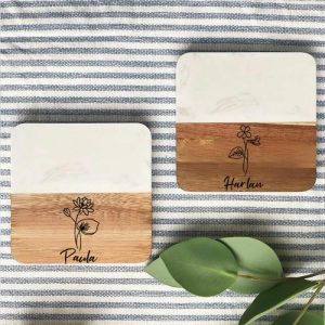 Kitchen |   Personalized Square Coaster With Custom Birth Flower Marble Splicing Design Great Gift For Her Home & Living Kitchen