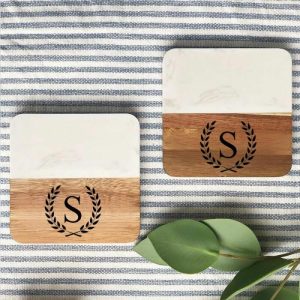 Kitchen |   Personalized Square Coaster With Custom Letter Elegant Marble Splicing Design Unique Present Home & Living Kitchen