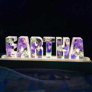 Lamps |   Custom Dark Purple Petals Dried Flower Resin Name Letter Lamp-For Lover Home & Living Lamps