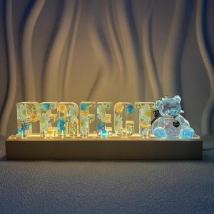 Lamps |   Custom Dried Flowers Resin Letter Lamp Gold Foil Blue Flower Crown Bear Decoration Night Light Home & Living Lamps