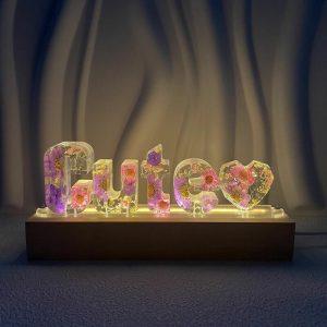 Lamps |   Custom Dried Flowers Resin Letter Lamp Gold Foil Purple Flower Heart Decoration Night Light Home & Living Lamps