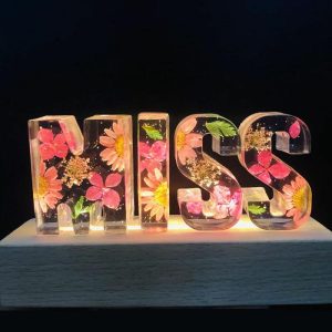 Lamps |   Custom Pink Chrysanthemum Dried Flower Resin Name Letter Lamp-For Lover Home & Living Lamps