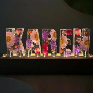 Lamps |   Custom Purple And White Petals Dried Flower Resin Name Letter Lamp-For Kids Home & Living Lamps