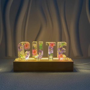 Lamps |   Customized Colorful Dried Flower Resin Letter Lamp Gold Foil Multi-Color Flower Decoration Night Light Home & Living Lamps