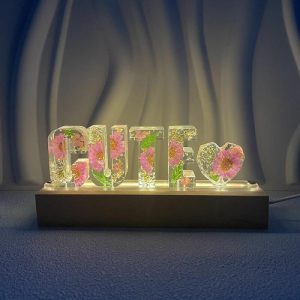 Lamps |   Customized Dried Flower Resin Letter Lamp Gold Foil Pink Flower Heart Decoration Night Light Home & Living Lamps