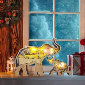 Lamps |   Parent Child Elephant 3D Wood Carving Decorative Light Warm Gift For Mom Home & Living Lamps