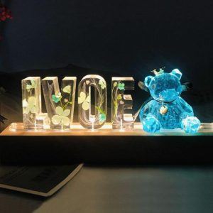 Lamps |   Personalized Dried Flowers Resin Letter Blue Bear Lamp-For Honey Home & Living Lamps