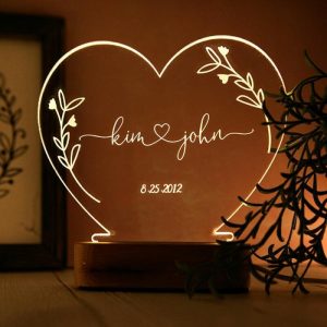 Lamps |   Personalized Name Acrylic Lamp Heart Shaped Design With Leaves Pattern Best Valentine’s Day Gift Home & Living Lamps