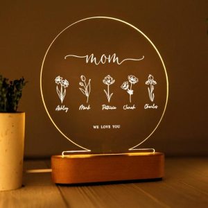 Lamps |   Personalized Name Acrylic Lamp Roud Shaped With Custom Birth Flower Simple Gift For Dear Mom Home & Living Lamps