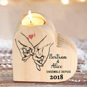 Ornaments |   Couple Wooden Heart Candle Holder Customize Name Pinky Heart Promise Candlesticks Home & Living Ornaments