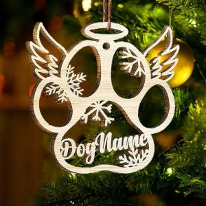 Ornaments |   Custom Wooden Name Christmas Ornament Openwork Dog Paw Pendant With Wings Home & Living Ornaments