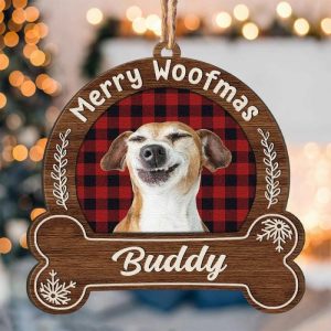 Ornaments |   "Merry Woofmas"Personalized Snowdome Shaped Wooden Ornament For Pet Home & Living Ornaments