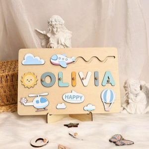 Ornaments |   Personalized Baby Name Puzzle With Cute Airplane Pattern Gift For Boys Home & Living Ornaments