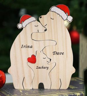 Ornaments |   Personalized Bear Family Wooden Puzzle With Santa Hat Customized Family Name Gift For Christmas Home & Living Ornaments