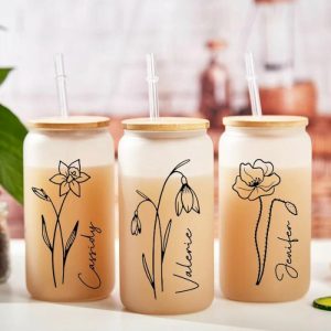 Ornaments |   Personalized Birth Flower And Name Glass Cup With Lid And Straw Artistic Present For Boy Friend Home & Living Ornaments