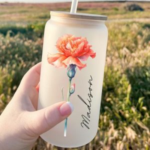 Ornaments |   Personalized Birth Flower And Name Glass Cup With Lid And Straw Elegant Gift For Best Mother Home & Living Ornaments