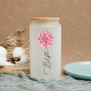 Ornaments |   Personalized Birth Flower And Name Glass Cup With Lid And Straw Magical Present For Christmas Day Home & Living Ornaments