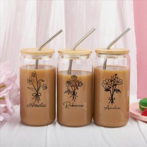 Ornaments |   Personalized Birth Flower And Name Glass Cup With Lid And Straw Trendy Thanksgiving Day Present Home & Living Ornaments